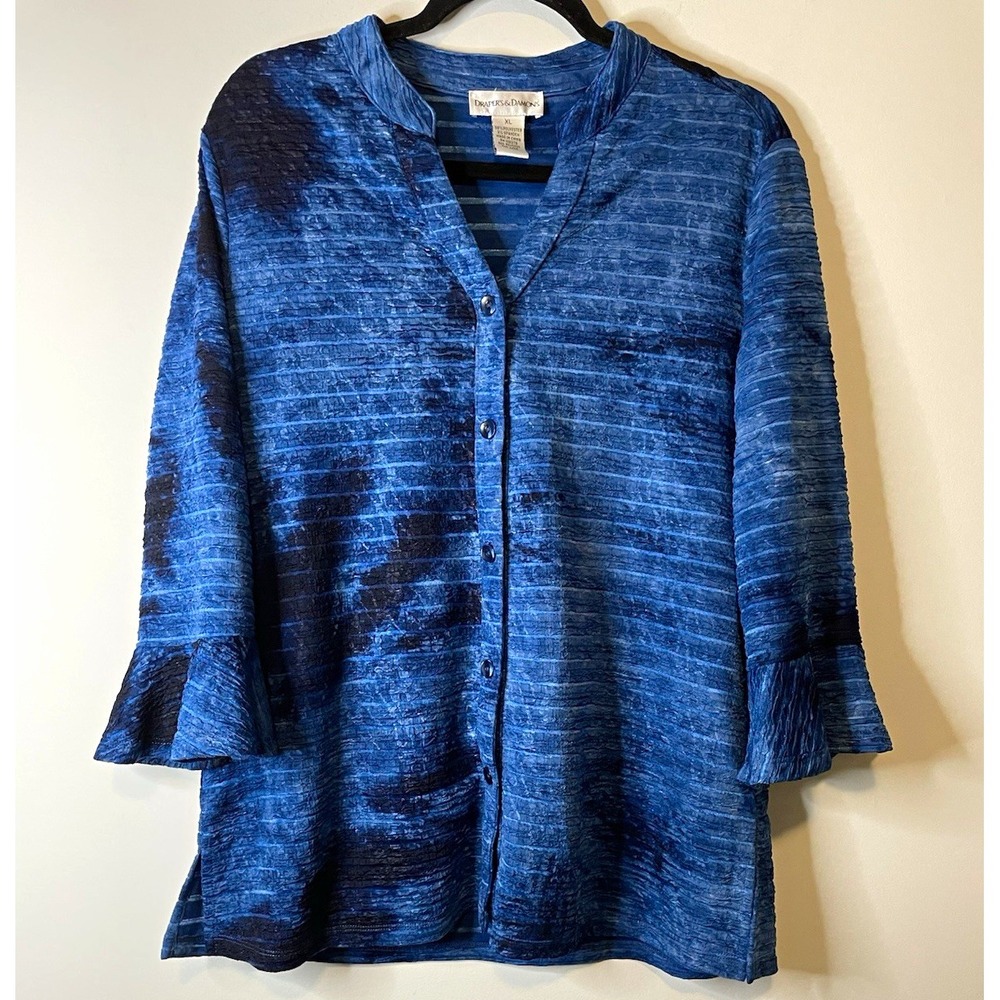 Draper's & Damon's Blouse Women XL Blue Stripe Button Front 3/4 Ruffle Sleeve